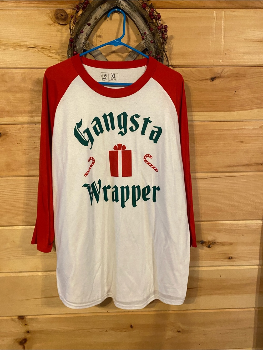 $9-XL Gangsta Wrapper Red & White Raglan Holiday Tee